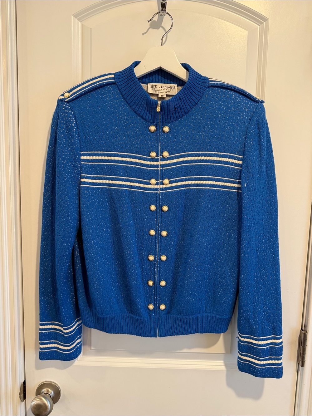 St. John Cobalt Blue Military-Style Knit Jacket with White Trim